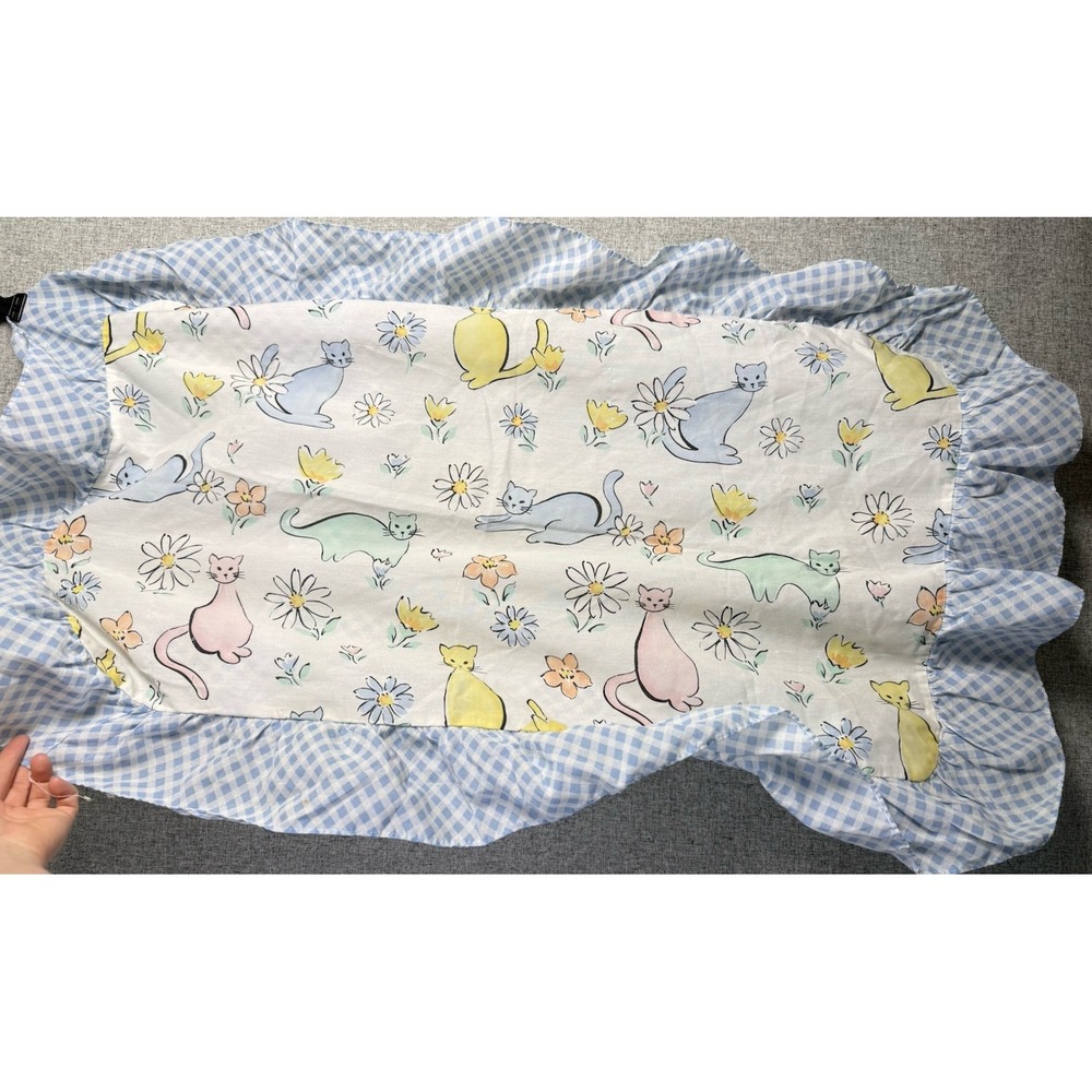 Vintage 80s/90 Baby Bedding‎ Crib Mattress Cover Sheet Blue Gingham Floral Cats